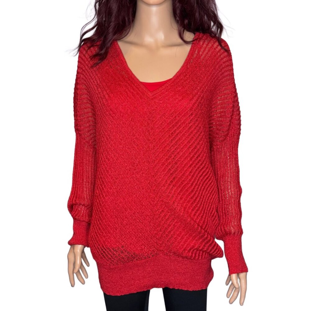 JLO Jennifer Lopez V neck Sparkle Sheer Sweater w/APT Red Cami Both XL